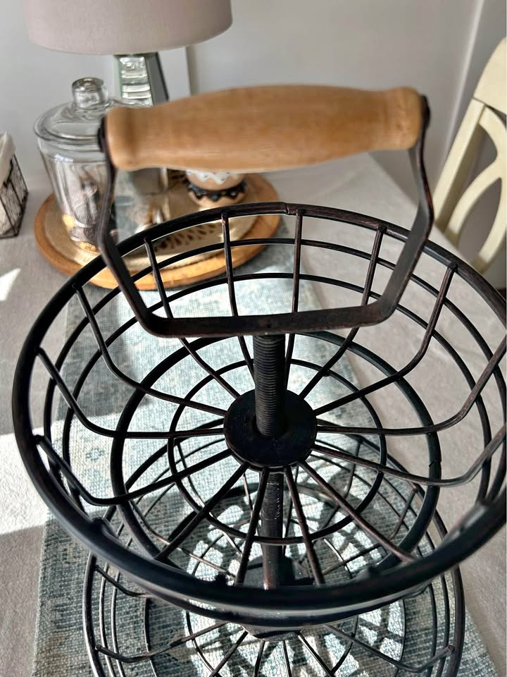 Fruit Basket For Kitchen Countertop,Black Metal Wire With Wood Handle 2 Tier Fruit Bowl