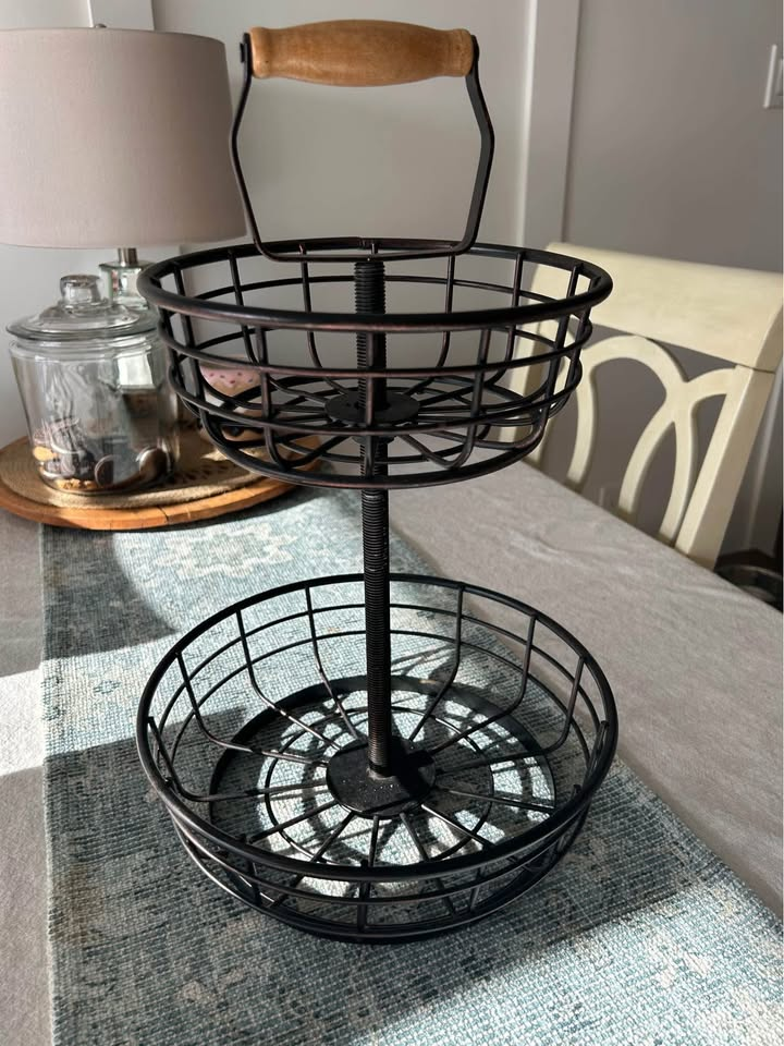 Fruit Basket For Kitchen Countertop,Black Metal Wire With Wood Handle 2 Tier Fruit Bowl