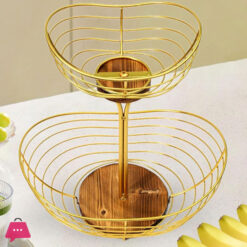 Fruit Basket Fruit Holder Fruit Bowl Decoration Metal Wire with Wood Base 2 Tier Fruit Bowl Coffee Pod Holder for Table Decor