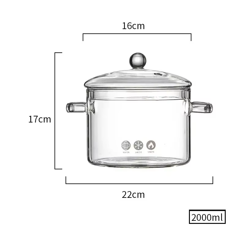 Heat-Resistant Glass Stock Pot Gas Stove Induction Safe 2 Liter