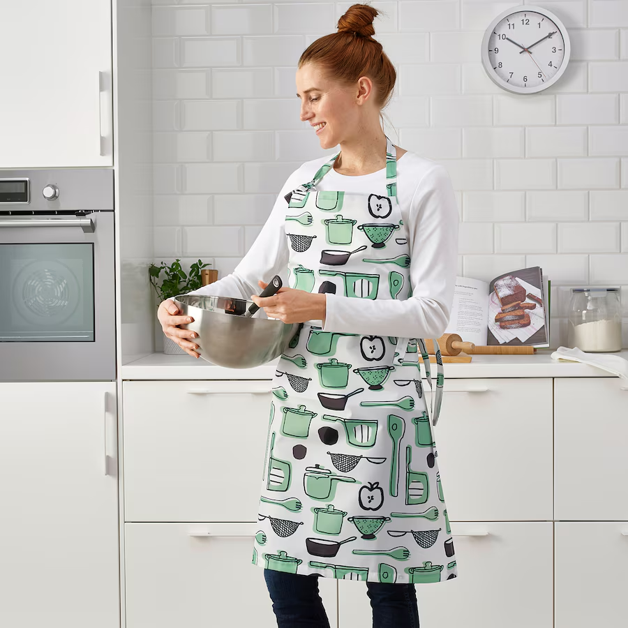 Ikea Rinnig Apron, White / Green / Patterned
