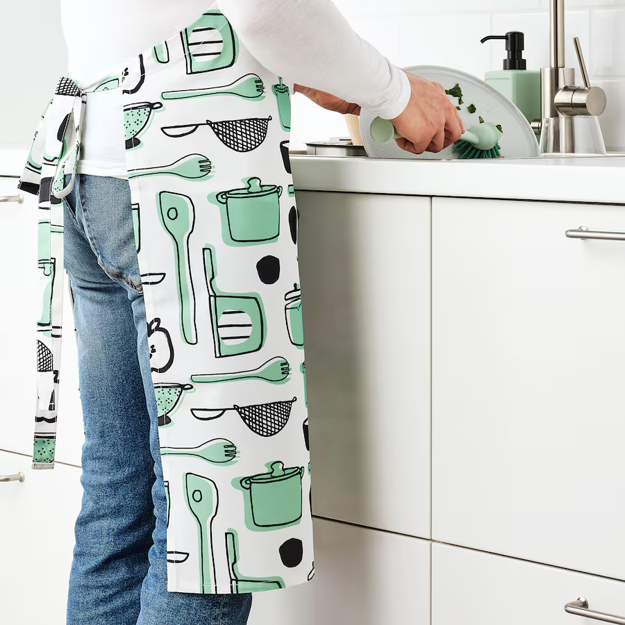 Ikea Rinnig Apron, White / Green / Patterned