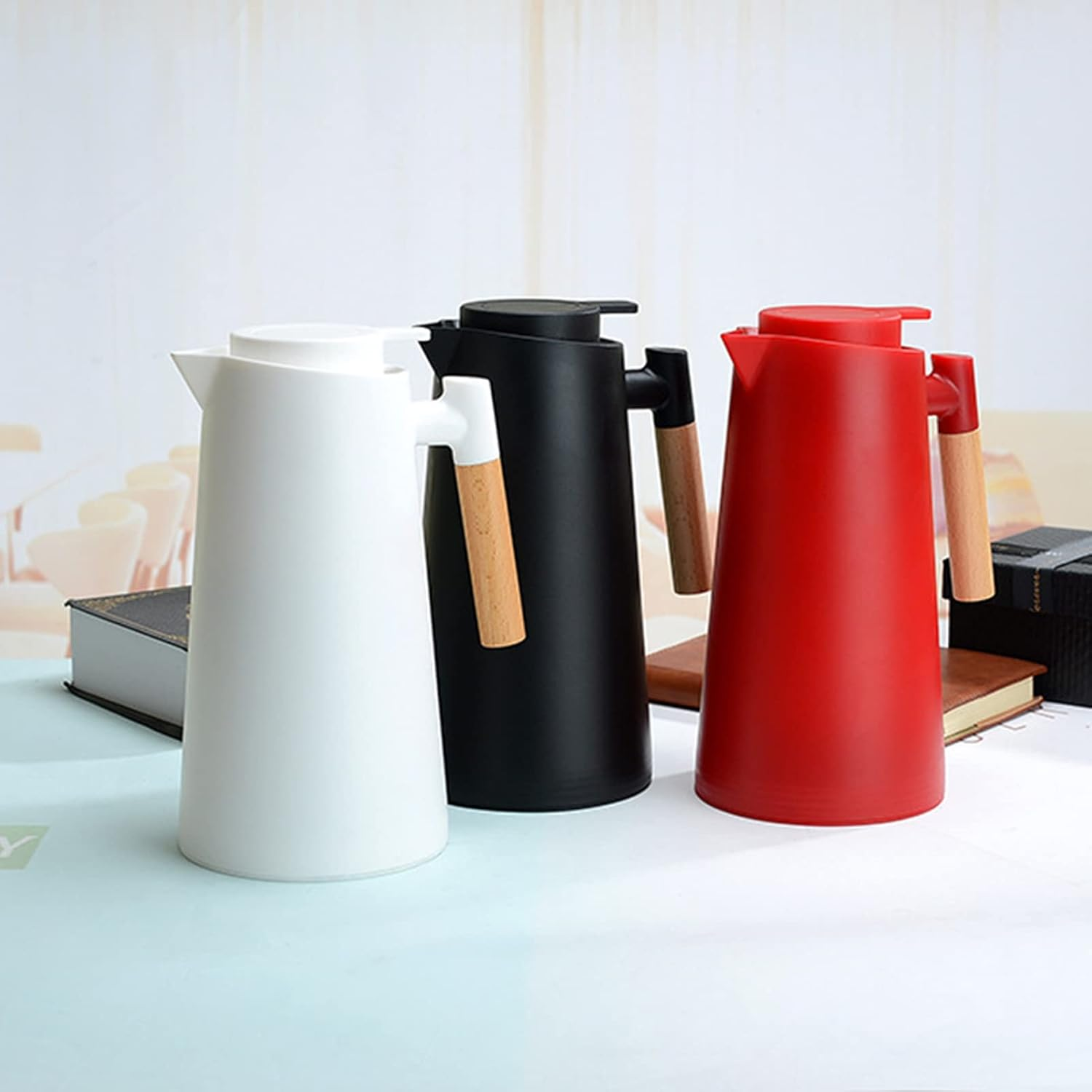 Insulated Vacuum Jug, Thermal Coffee Carafle For Hot And Cold Tea Coffee, With Simple Safety Push Button, Wooden Handle, Non-Slip Bottom 1000 Ml