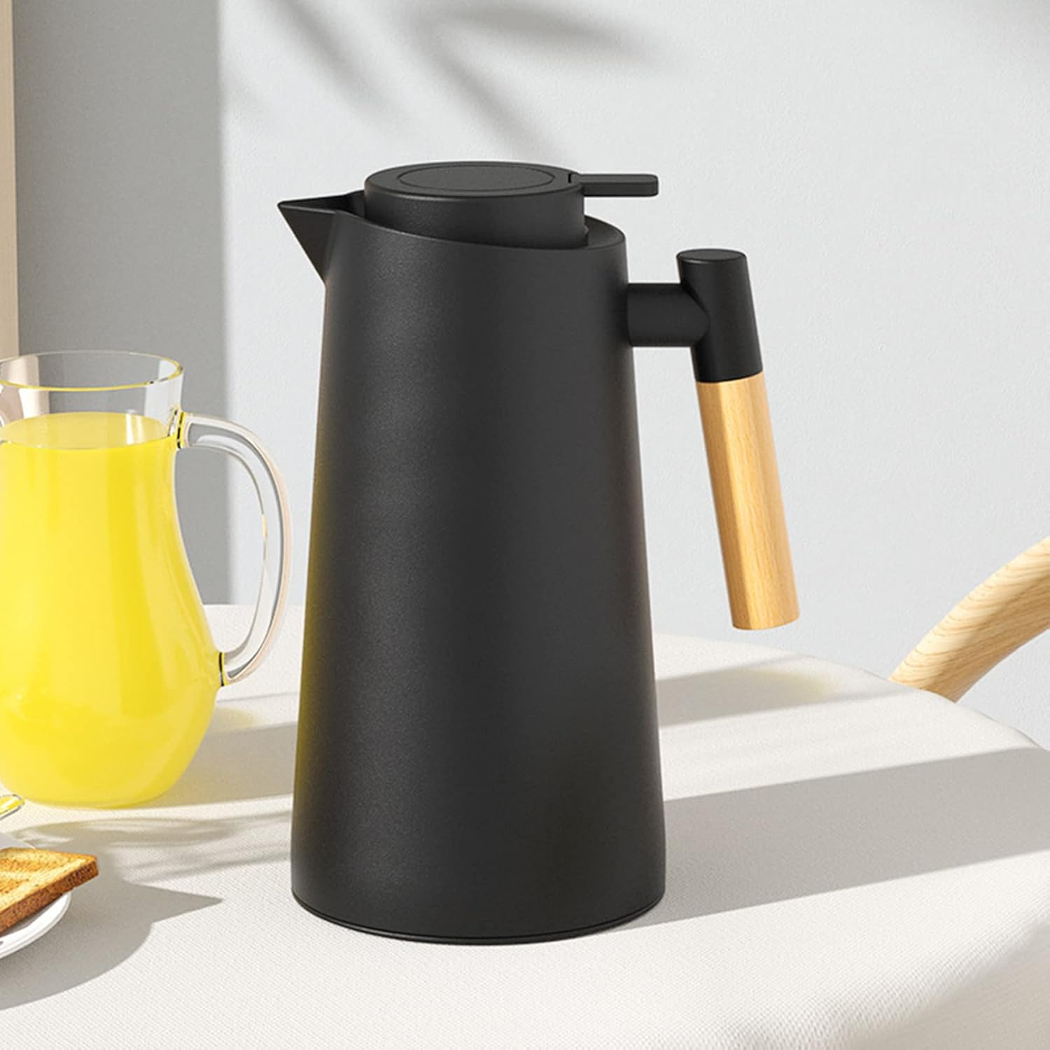 Insulated Vacuum Jug, Thermal Coffee Carafle For Hot And Cold Tea Coffee, With Simple Safety Push Button, Wooden Handle, Non-Slip Bottom 1000 Ml