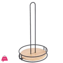 Metal Kitchen Roll Holder, Black Paper Towel Stand with Bamboo Wooden Base