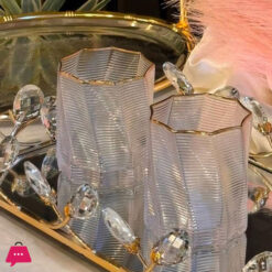 RUSSIAN Gold Rim Ribbed Wave Crystal Tumbler Glass Set of 6