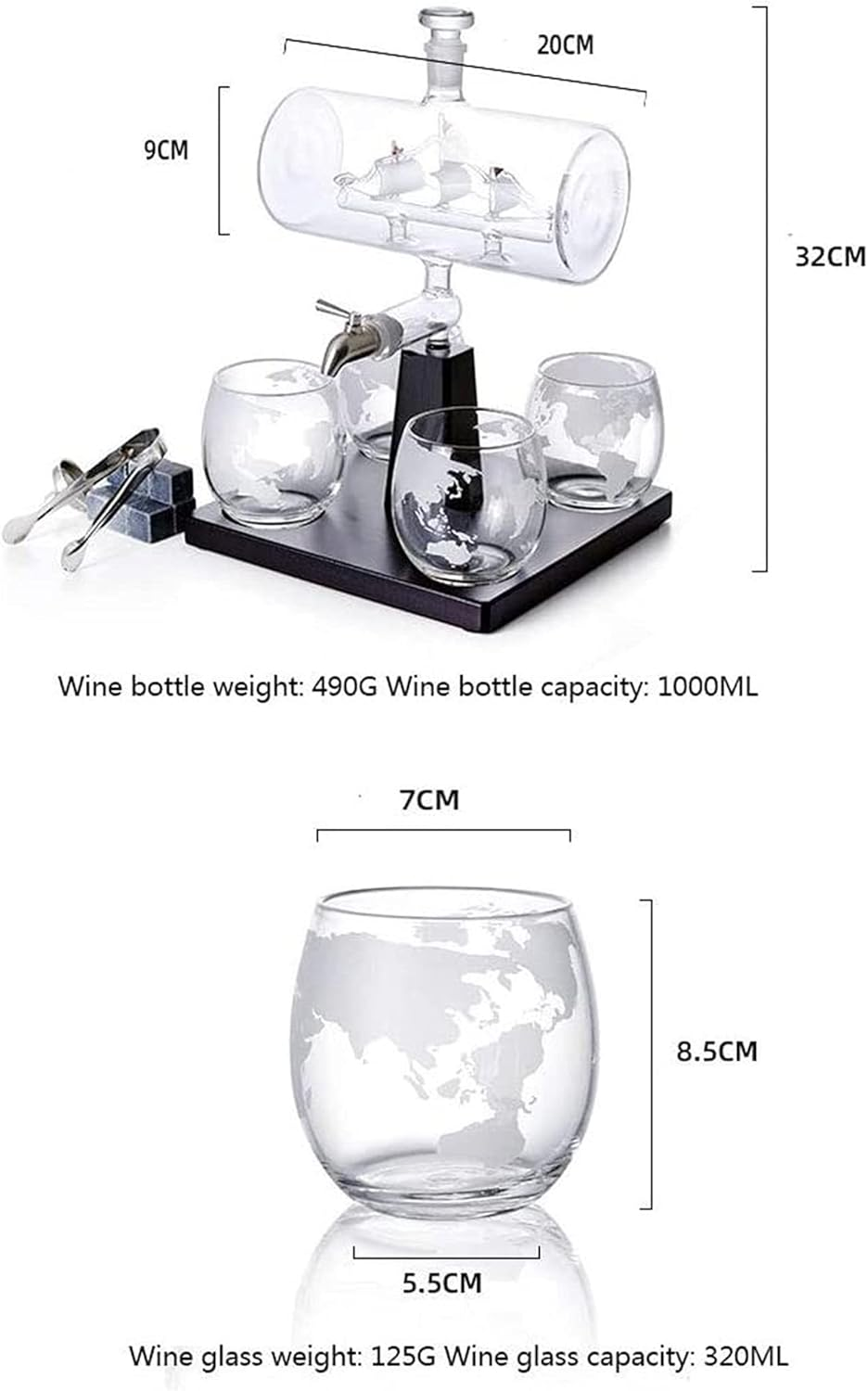 Sailing Ship Design 1000Ml Decanter Set With 4 Glass &Amp; Beautiful Wooden Stand