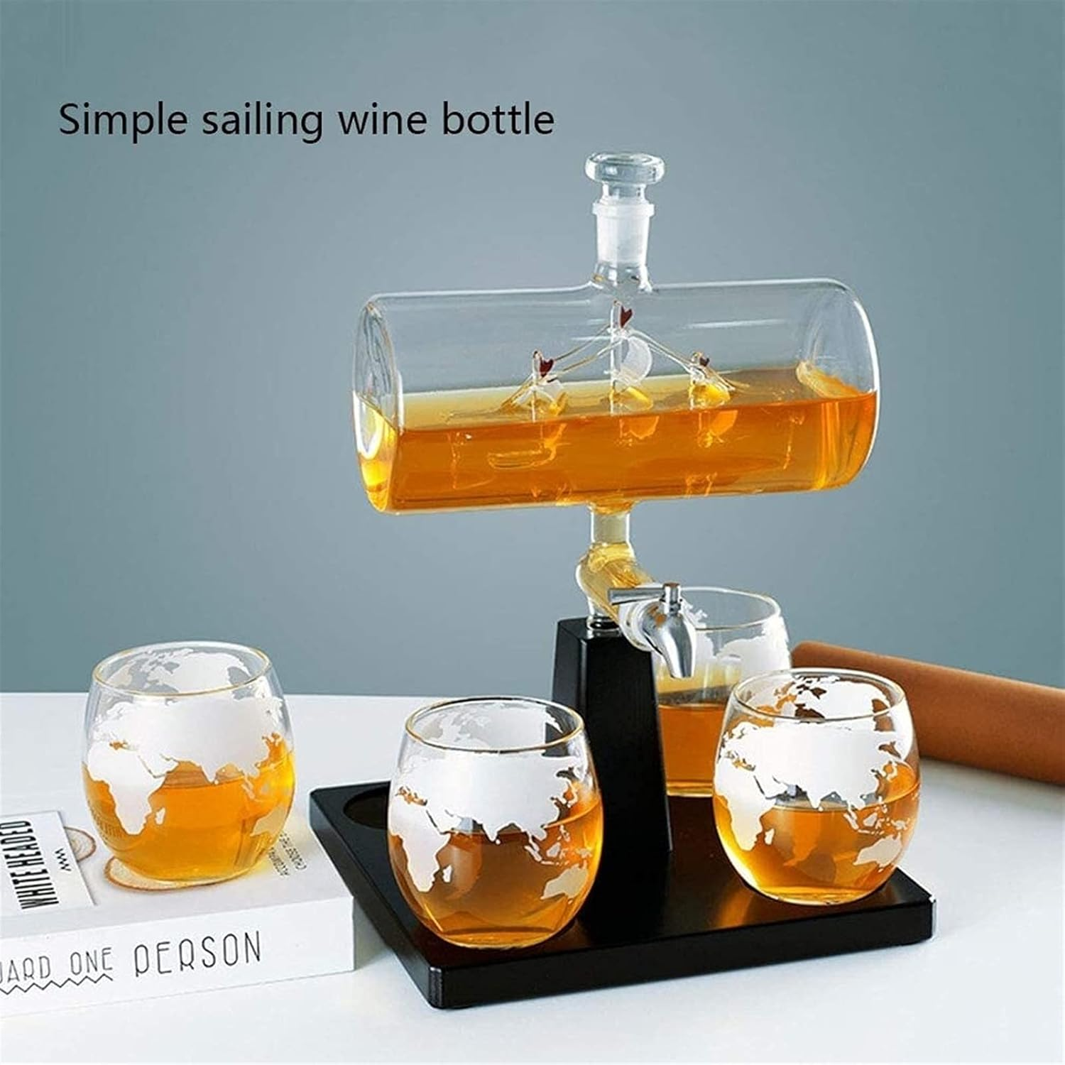 Sailing Ship Design 1000Ml Decanter Set With 4 Glass &Amp; Beautiful Wooden Stand