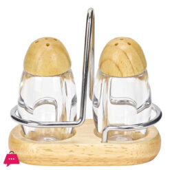 Salt and Pepper Glass Bottle with Wooden Holder Set  Stainless Steel Wood Kit