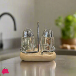 Elegant Salt And Pepper Shaker Set With Wooden Oval Holder Stylish Stainless Steel &Amp; Glass Salt Shaker For Modern