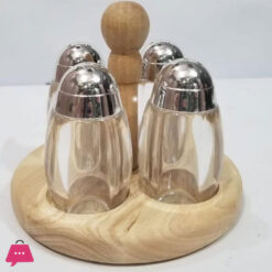 Salt and Pepper Shakers Set - Grade Stainless Steel with Glass Bottom With wooden Stand 4 Spice Pcs Set