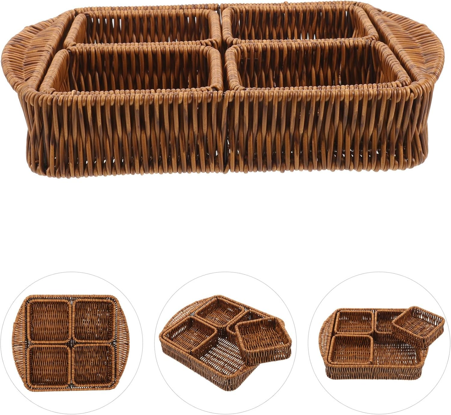 1 Set Rattan Storage Basket Small Square Basket Storage Basket For Snack Dried Fruit Basket Woven Storage Basket Divided Snack Tray Small Basket...