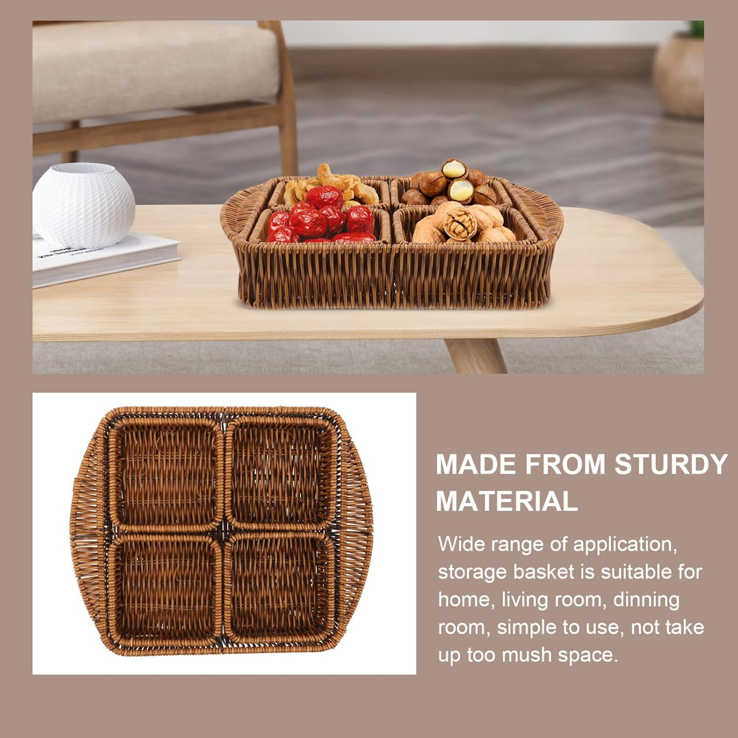 1 Set Rattan Storage Basket Small Square Basket Storage Basket For Snack Dried Fruit Basket Woven Storage Basket Divided Snack Tray Small Basket...