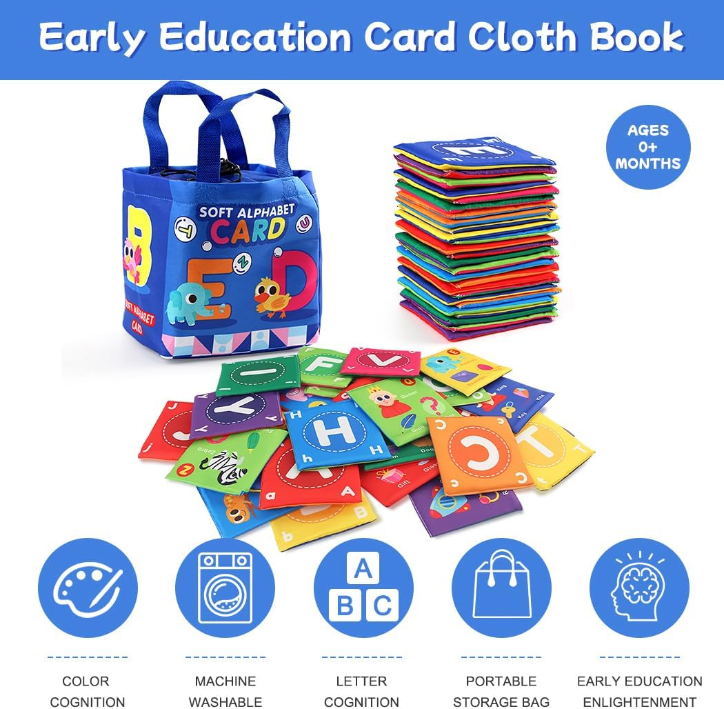26 Pcs Baby Soft Alphabet Cards, Abc Learning Flash Cards With Storage Bag, Washable