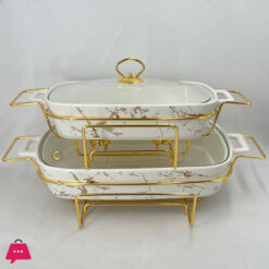 Chafing Dish Buffet Set Ceramics Chafer with Marble Finish Chafer and Buffet Warmer - White Rectangle
