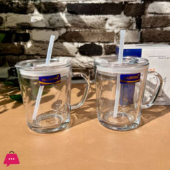 Delisoga Glass Transparent Coffee Mug with Straw Set of 2
