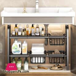 Kitchen Under Sink Adjustable Pot Rack Multifunctional Dish Pans Storage Rack Countertop Basket