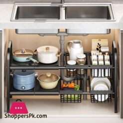 Kitchen Under Sink Adjustable Pot Rack Multifunctional Dish Pans Storage Rack Countertop Basket