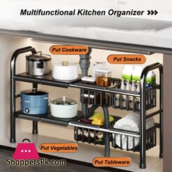 Kitchen Under Sink Adjustable Pot Rack Multifunctional Dish Pans Storage Rack Countertop Basket