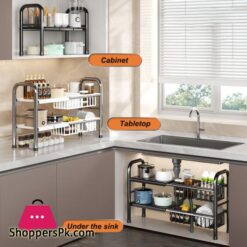 Kitchen Under Sink Adjustable Pot Rack Multifunctional Dish Pans Storage Rack Countertop Basket