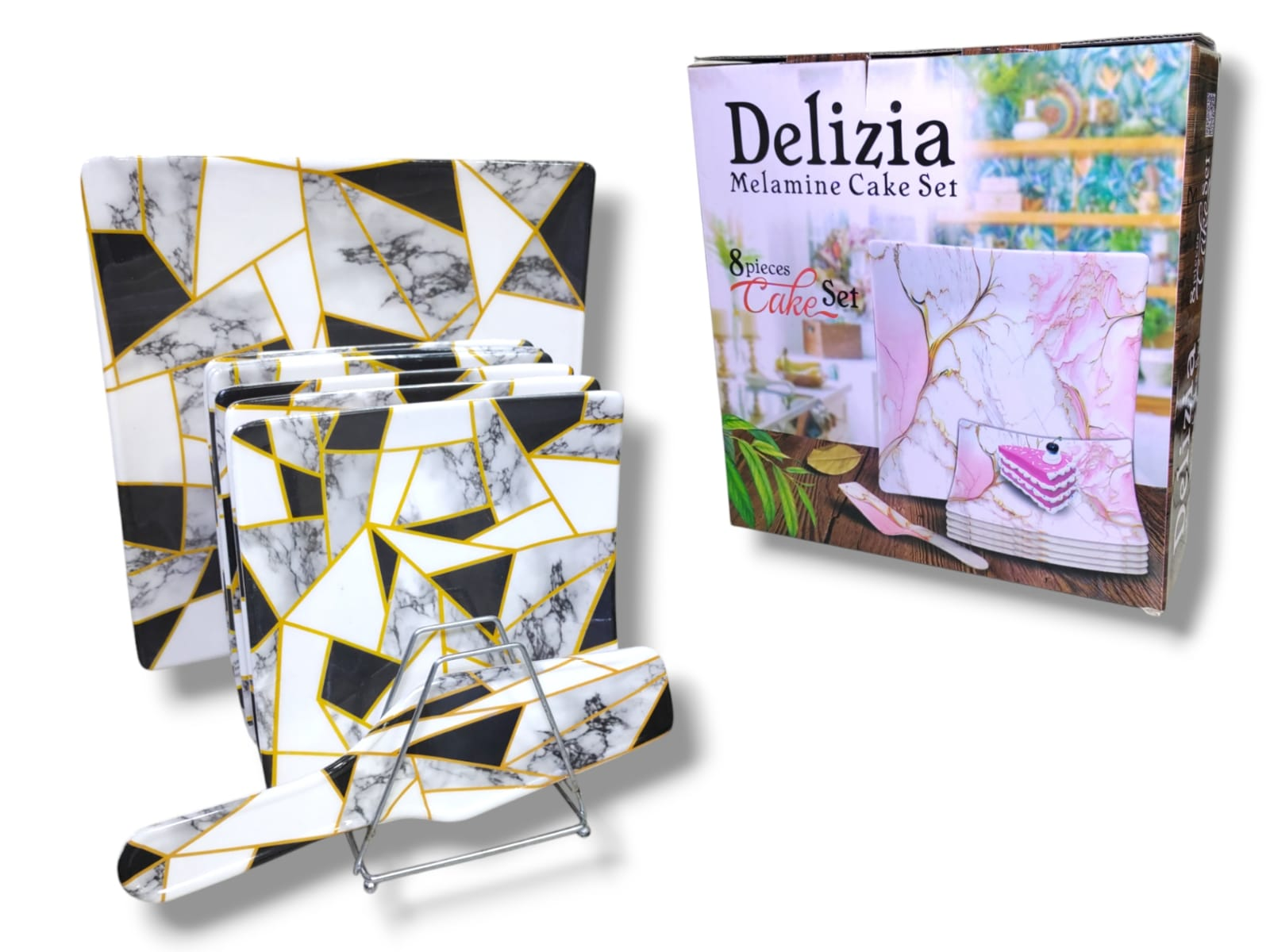 Premium 8-Pcs Cake Set Melamine Cake Set Square Cake Serving Set Pizza Serving Plates Double Glazed Cake Set 15 Pcs