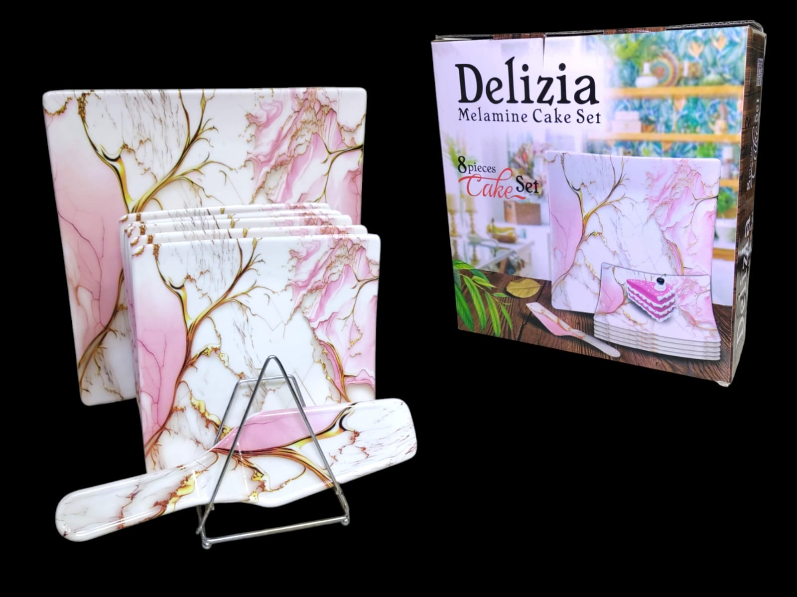 Premium 8-Pcs Cake Set Melamine Cake Set Square Cake Serving Set Pizza Serving Plates Double Glazed Cake Set 15 Pcs