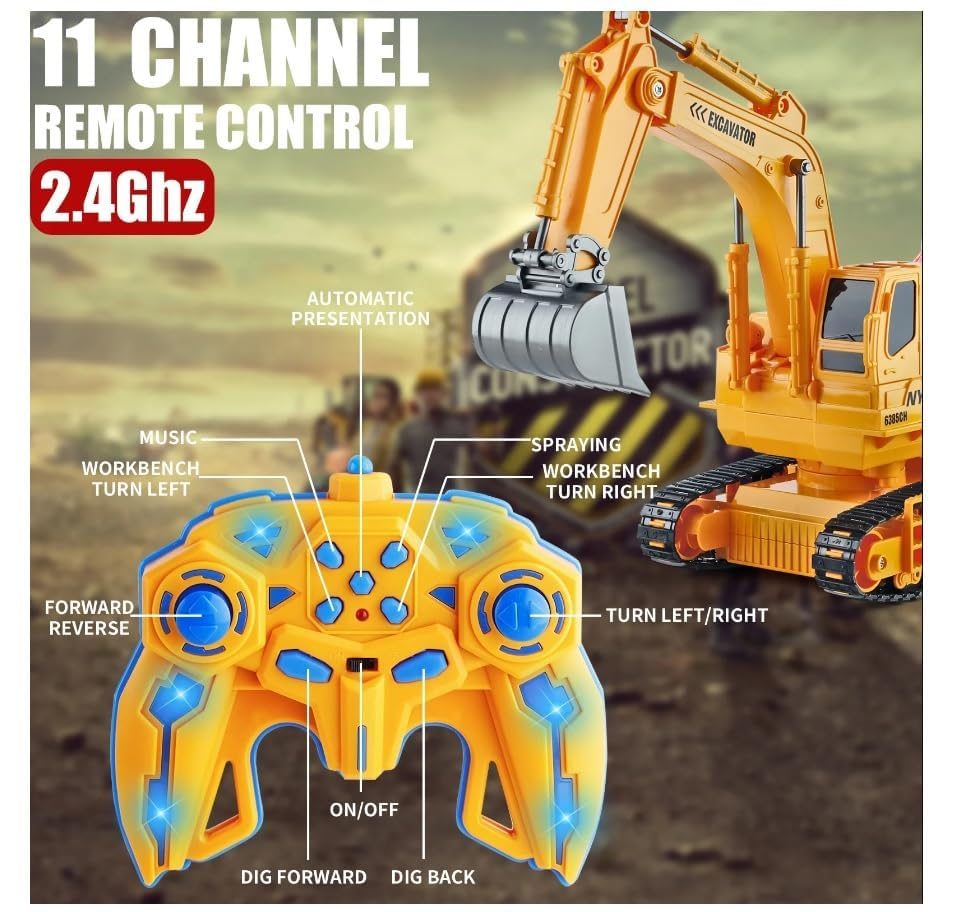 Remote Control Excavator Toys For Boys 3-12 Years Old Rc Excavators With Lights Sounds 11 Channel Control Rc Truck Construction Vehicle Toys
