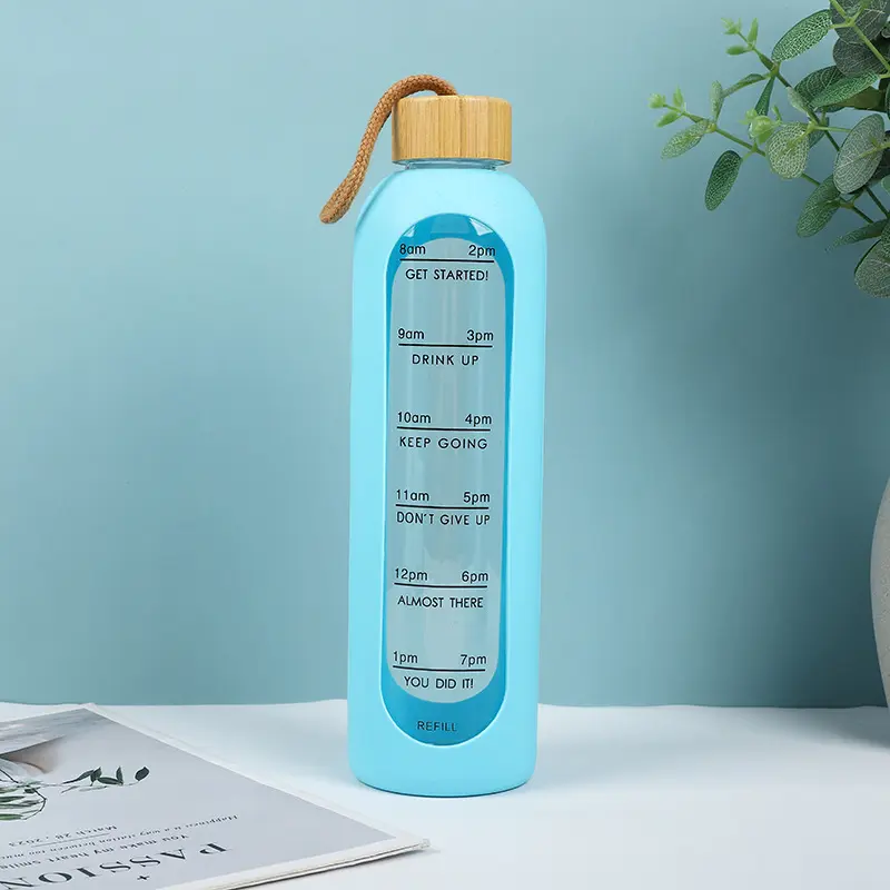 Silicon Cover Glass Cup Time Market Drinking Water Bottle With Rope Screw Bamboo Lid Unique Design 1000 Ml