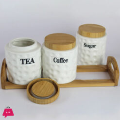 Tea Coffee Sugar Jars Ceramic Canisters with Bamboo Lids & Holder