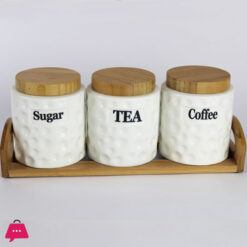 Tea Coffee Sugar Jars Ceramic Canisters With Bamboo Lids &Amp; Holder