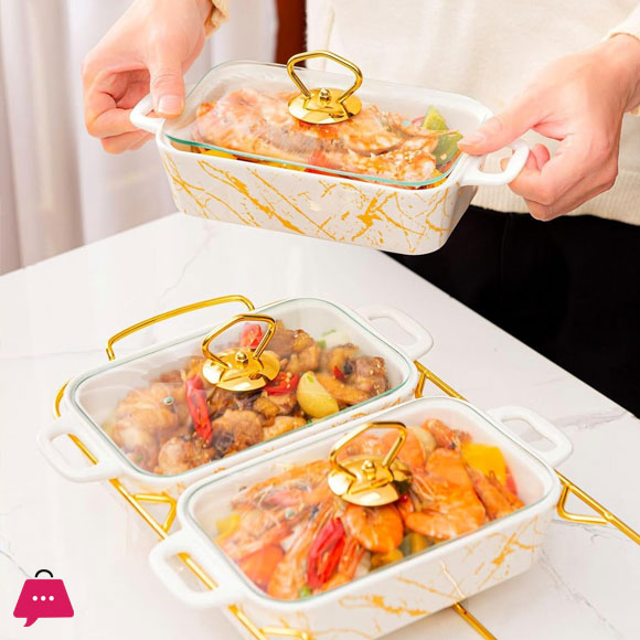 Triple Chafing Dish Buffet Set Ceramics Chafer With Marble Finish Chafer And Buffet Warmer 9Inch 6 Triple Chafing Dish Buffet Set Ceramics Chafer With Marble Finish Chafer And Buffet Warmer 9Inch - Image 4