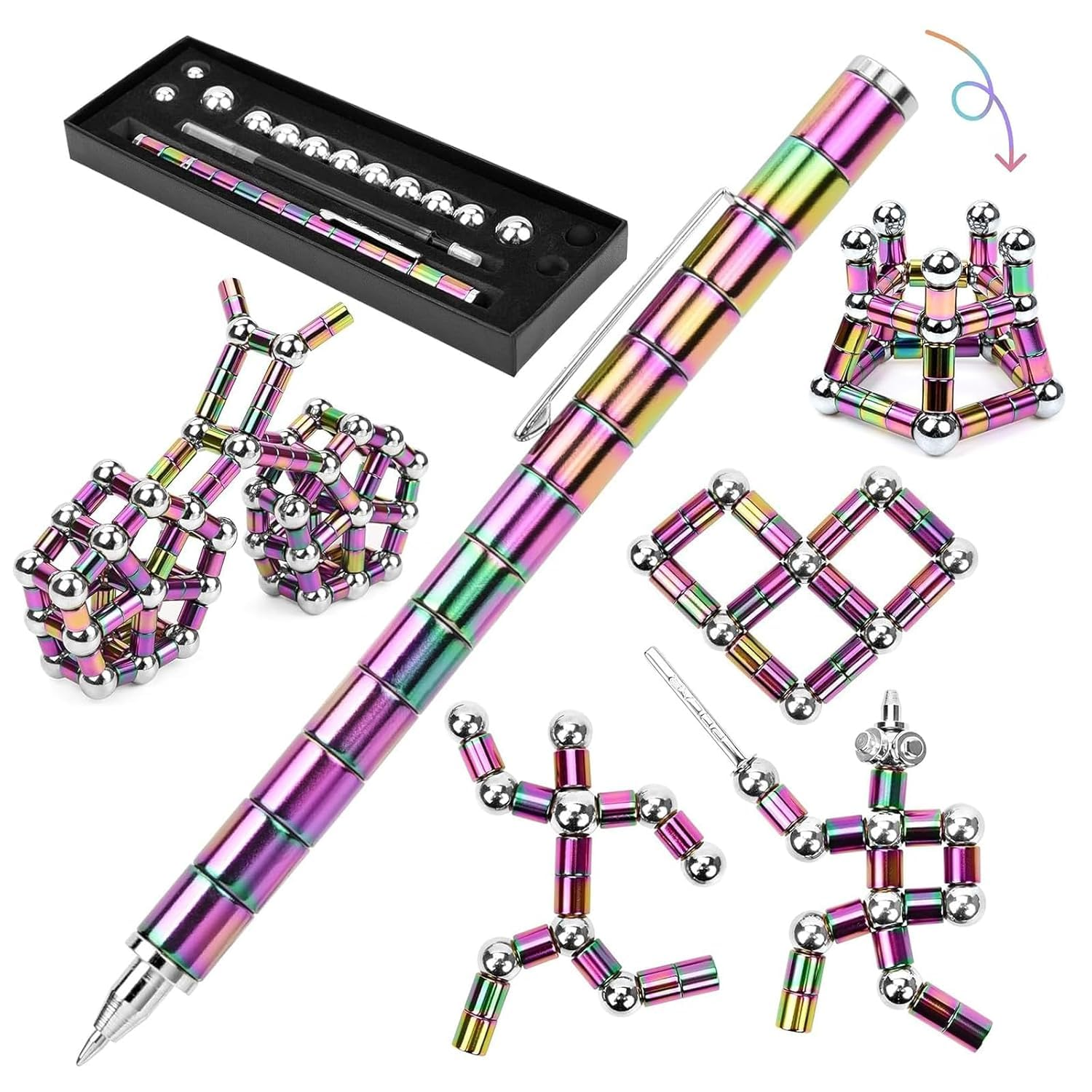 Wicharsh Magnetic Fidget Black Toy Pen Fidget Toys For Boys Girls For Eliminate Pressure Fidget Gadgets Toy Pen Decompression Modular Tools For Adult (Rainbow)
