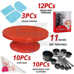 11 Inch Rotating Cake Turntable with 3 Cream Scrapers 10pcs measuirng cups, icing piping bags & 12 PCs Nozzle Set, Decorating Turn Table for Cake, Baking Deal and Baking Accessories