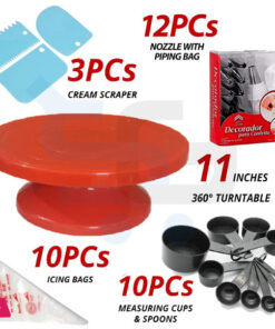 11 Inch Rotating Cake Turntable with 3 Cream Scrapers 10pcs measuirng cups, icing piping bags & 12 PCs Nozzle Set, Decorating Turn Table for Cake, Baking Deal and Baking Accessories