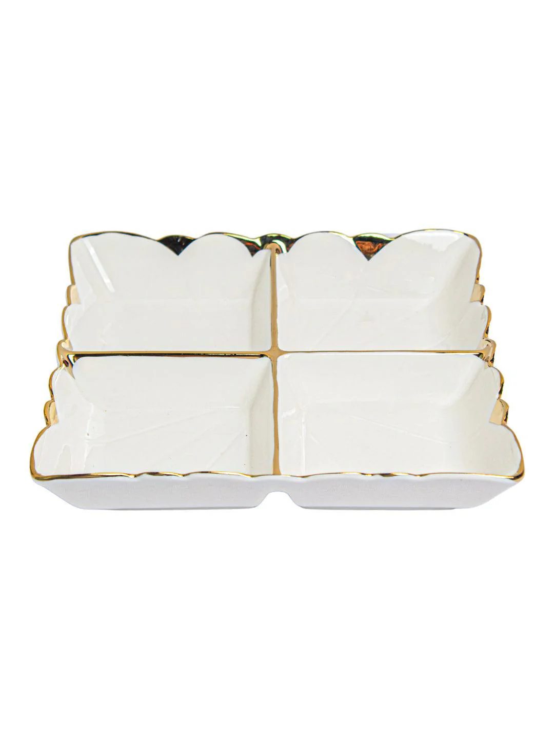 4 Portion Dry Fruit Dish Square Floral Design Ceramic Golden &Amp; White