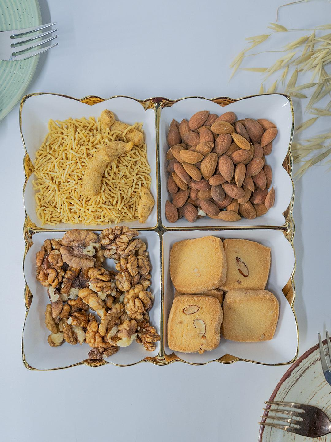 4 Portion Dry Fruit Dish Square Floral Design Ceramic Golden &Amp; White