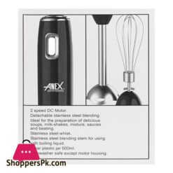 Anex Deluxe Hand Blender With Whisk 500Ml Plastic Jar 300W Black Ag 123