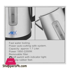 Anex Deluxe Kettle 1850 2200W Approx 1700Ml Capacity Black Silver Ag 4047
