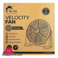 E Lite Velocity Fan 3 Speeds Adjustable Tilt 5 Blades 90W 20 Inch Black Evf 20