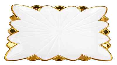 Angela Medium Rectangular Serving Plate Floral Design Ceramic Golden &Amp; White