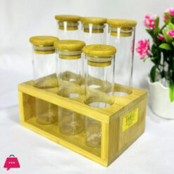 Bamboo Glass Tube Spice Rack with Stand 6 Piece