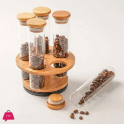 Bamboo Rotating Glass Tube Spice Rack with Stand 6 Piece