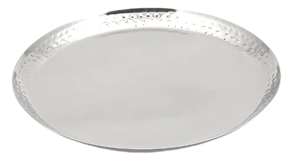 Big Size Stainless Steel Round Plate 35 Cm Border Hammered Finish