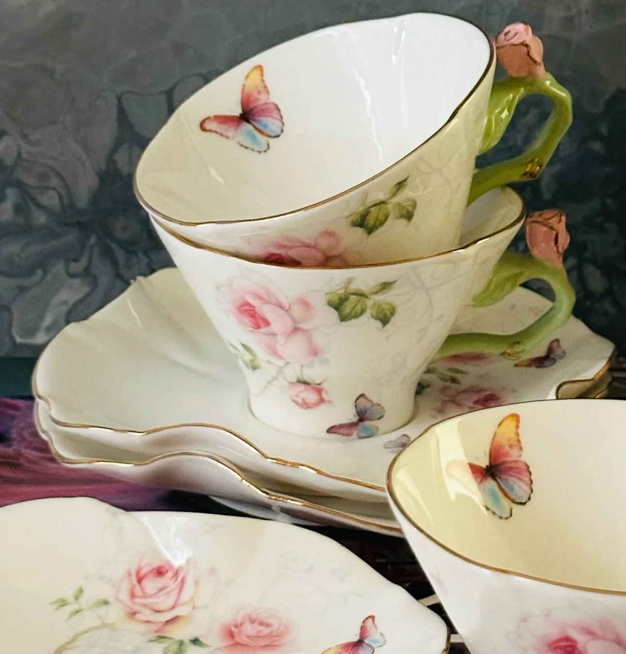 Butterfly Garden Rose Set Of Six Cups And Saucers