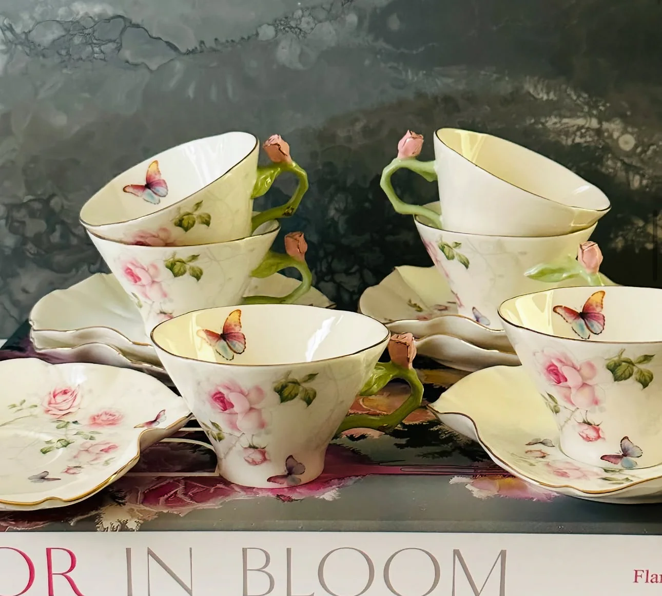 Butterfly Garden Rose Set Of Six Cups And Saucers