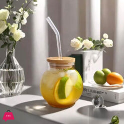 Coffee Ball Tumbler Glass Cup With Bamboo Lid And Reusable Straw - 400Ml