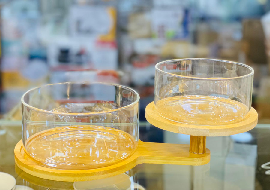 Double-Tier Glass Bowl With Wooden Stand