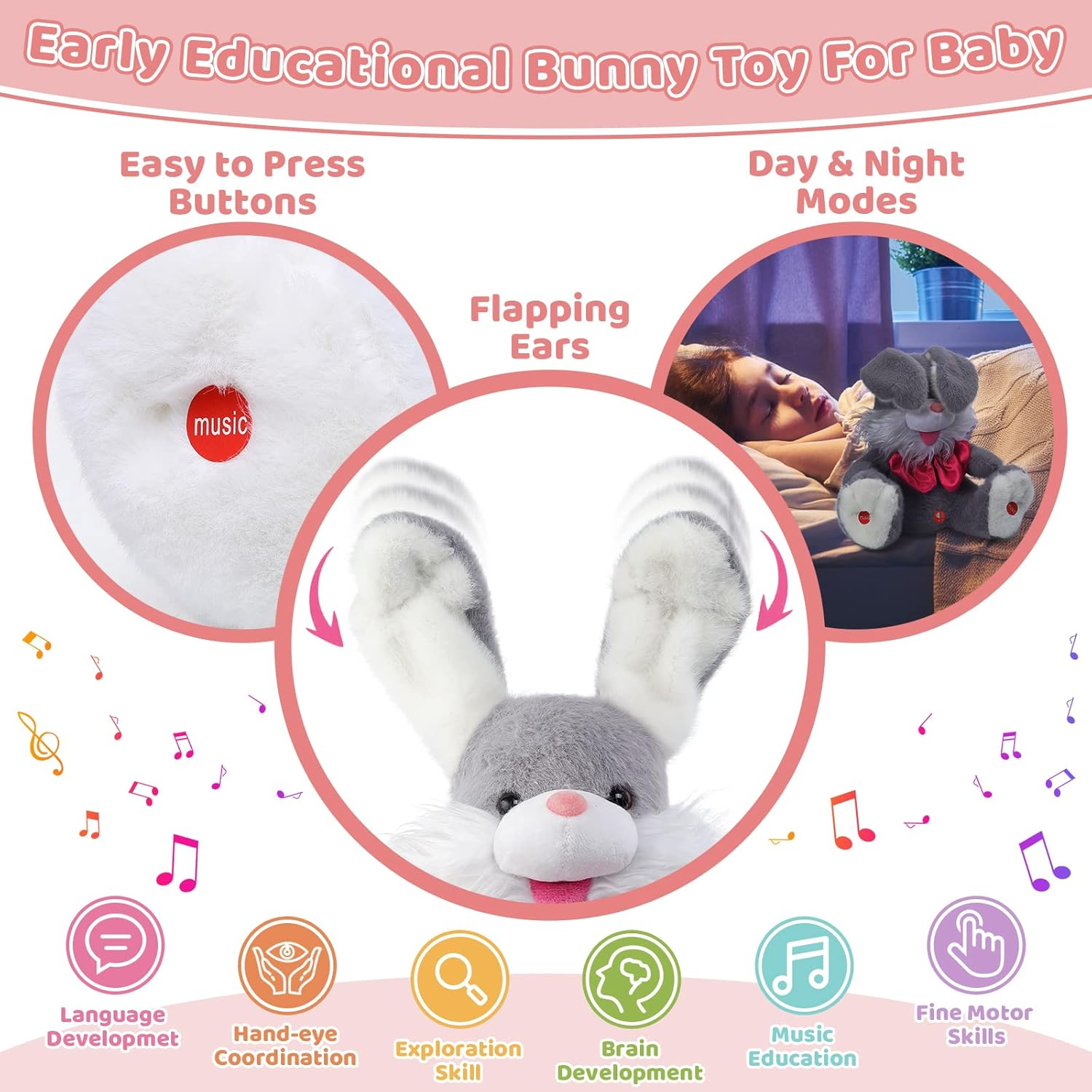 Emoin Easter Bunny Stuffed Animal Baby Toys Talking Bunny Peek-A-Boo Toys With Floppy Ear Repeats What You Say Singing Plush Rabbit Birthday Gift For Kids Girls Boys