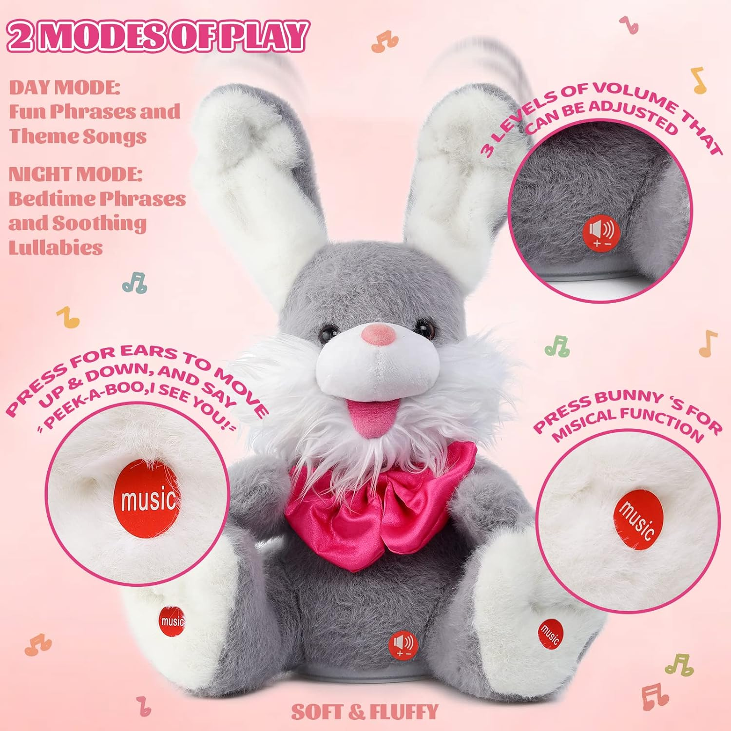 Emoin Easter Bunny Stuffed Animal Baby Toys Talking Bunny Peek-A-Boo Toys With Floppy Ear Repeats What You Say Singing Plush Rabbit Birthday Gift For Kids Girls Boys