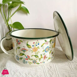 Enamel Bowl With Lid Flower Design Enamelware Bowls For Soup, Noodles, Salad 1 Piece